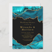 ティール(緑がかった色)および金ゴールドアガートストーンウェディングシャワー招待状 (正面)