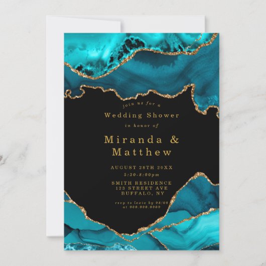 ティール（緑がかった色）および金ゴールドアガートストーンウェディングシャワー招待状 (正面)