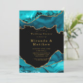 ティール(緑がかった色)および金ゴールドアガートストーンウェディングシャワー招待状 (スタンド正面)