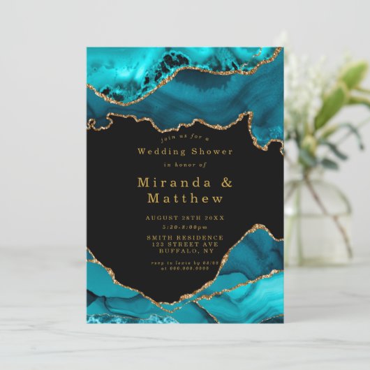 ティール（緑がかった色）および金ゴールドアガートストーンウェディングシャワー招待状 (スタンド正面)