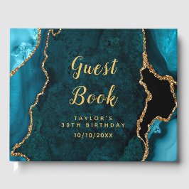 ティール（緑がかった色）および金ゴールドアガートマーブル誕生日 ゲストブック