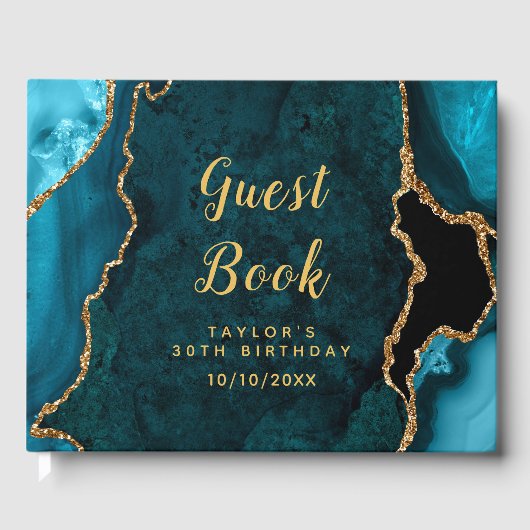 ティール（緑がかった色）および金ゴールドアガートマーブル誕生日 ゲストブック (正面)