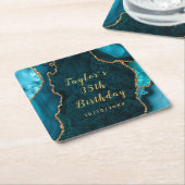 ティール（緑がかった色）および金ゴールドアガートマーブル誕生日 スクエアペーパーコースター (アングル)