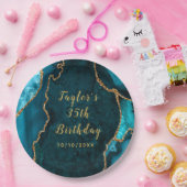 ティール（緑がかった色）および金ゴールドアガートマーブル誕生日 ペーパープレート (パーティー)