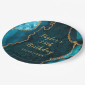 ティール（緑がかった色）および金ゴールドアガートマーブル誕生日 ペーパープレート (アングル)