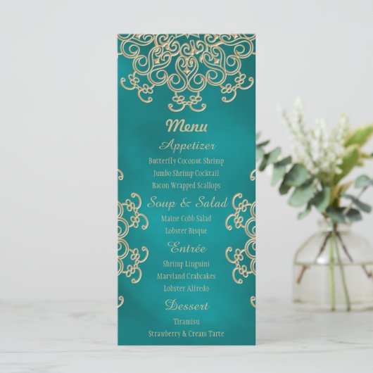 ティール（緑がかった色）および金ゴールドインディアンスタイルのメニューカード メニュー (スタンド正面)