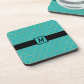 ティール（緑がかった色）および金ゴールドクローバーパターン コースター (左側)