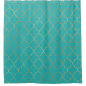 ティール（緑がかった色）および金ゴールドクローバーパターン シャワーカーテン (正面)