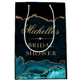 ティール（緑がかった色）および金ゴールドグリッターマーブルゲートブライダルシャワー ミディアムペーパーバッグ