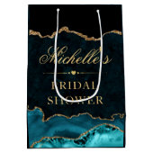 ティール（緑がかった色）および金ゴールドグリッターマーブルゲートブライダルシャワー ミディアムペーパーバッグ (裏面)