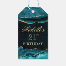 ティール（緑がかった色）および金ゴールドグリッターマーブルゲート誕生日 ギフトタグ