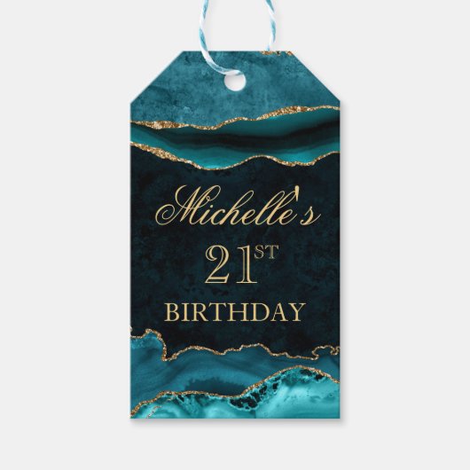 ティール（緑がかった色）および金ゴールドグリッターマーブルゲート誕生日 ギフトタグ (正面)