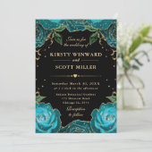 ティール(緑がかった色)および金ゴールドバラ結婚フローラ 招待状 (スタンド正面)