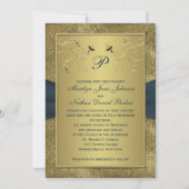 ティール(緑がかった色)および金ゴールドフローラモノグラム結婚式招待状 招待状 (裏面)