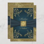 ティール(緑がかった色)および金ゴールドフローラモノグラム結婚式招待状 招待状 (正面/裏面)