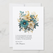 ティール(緑がかった色)および金ゴールドフローラ結婚の サンキューカード (裏面)