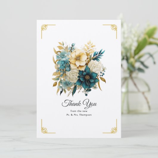 ティール(緑がかった色)および金ゴールドフローラ結婚の サンキューカード (スタンド正面)