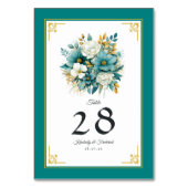 ティール(緑がかった色)および金ゴールドフローラ結婚の テーブルナンバー (裏面)