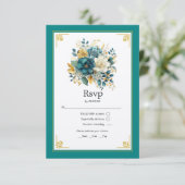 ティール（緑がかった色）および金ゴールドフローラ結婚の 出欠カード (スタンド正面)