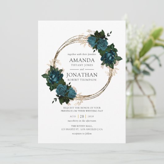 ティール(緑がかった色)および金ゴールドフローラ結婚の 招待状 (スタンド正面)