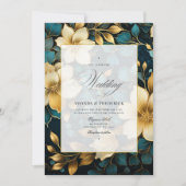 ティール(緑がかった色)および金ゴールドフローラ結婚の 招待状 (正面)