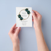 ティール（緑がかった色）および金ゴールドフローラ結婚式招待状 チラシ (手)