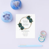 ティール（緑がかった色）および金ゴールドフローラ結婚式招待状 チラシ (シングル)