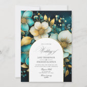 ティール(緑がかった色)および金ゴールドフローラ結婚式招待状 招待状 (正面)