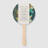 ティール(緑がかった色)および金ゴールドフローラ結婚式 プログラムハンドファン ハンドファン (裏面)