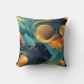 ティール(緑がかった色)および金ゴールド球抽象芸術 クッション (正面)