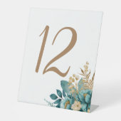 ティール（緑がかった色）および金ゴールド結婚フローラのテーブル番号 台座サイン (正面)