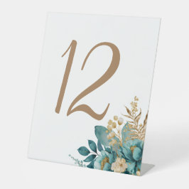 ティール（緑がかった色）および金ゴールド結婚フローラのテーブル番号 台座サイン