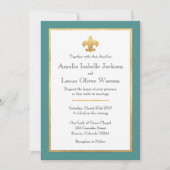 ティール（緑がかった色）および金ゴールド（紋章の）フラ・ダ・リ結婚式招待状 招待状 (正面)