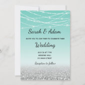 ティール（緑がかった色）および銀のグリッターの結婚式招待状 招待状 (正面)