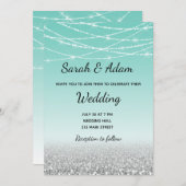 ティール(緑がかった色)および銀のグリッターの結婚式招待状 招待状 (正面/裏面)