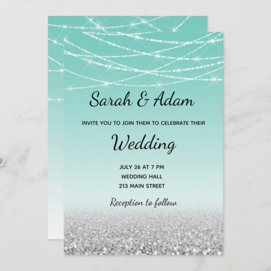 ティール（緑がかった色）および銀のグリッターの結婚式招待状 招待状 (正面/裏面)