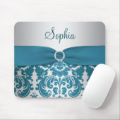 ティール(緑がかった色)および銀のダマスク織のマウスパッド マウスパッド (マウス)