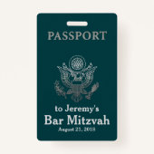 ティール（緑がかった色）および銀のパスポートのバーの（ユダヤ教の）バル・ミツバーのパーティーのバッジ バッジ (裏面)