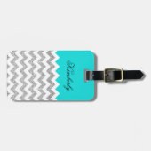 ティール（緑がかった色）および銀のフェイクなグリッターシェブロン ラゲッジタグ (正面横)