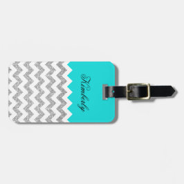 ティール（緑がかった色）および銀のフェイクなグリッターシェブロン ラゲッジタグ