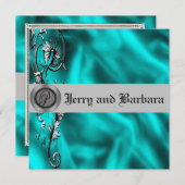 ティール（緑がかった色）および銀の結婚式招待状 招待状 (正面/裏面)