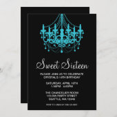 ティール（緑がかった色）および黒いシャンデリアのSweet sixteenの誕生日 招待状 (正面/裏面)