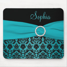 ティール（緑がかった色）および黒いダマスク織のマウスパッド マウスパッド