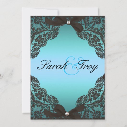 ティール（緑がかった色）および黒いレースの結婚式招待状 招待状 (裏面)