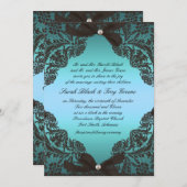 ティール（緑がかった色）および黒いレースの結婚式招待状 招待状 (正面/裏面)