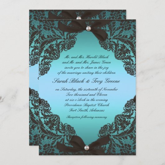 ティール(緑がかった色)および黒いレースの結婚式招待状 招待状 (正面/裏面)