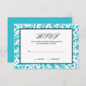 ティール(緑がかった色)および黒の渦巻のダマスク織の応答カード 出欠カード (正面/裏面)