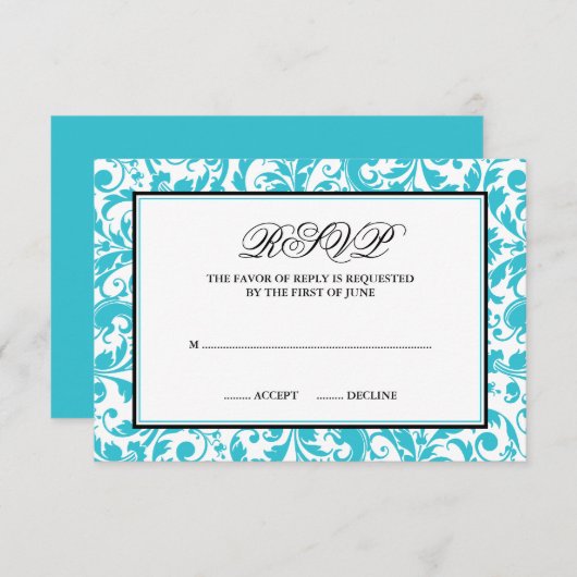 ティール(緑がかった色)および黒の渦巻のダマスク織の応答カード 出欠カード (正面/裏面)