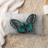 ティール(緑がかった色)お洒落バタフライオングレーフローラ ランバークッション (ブランケット)