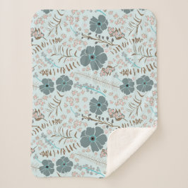 ティール（緑がかった色）お洒落ピンク灰色フローリングフラワーズプリント シェルパブランケット